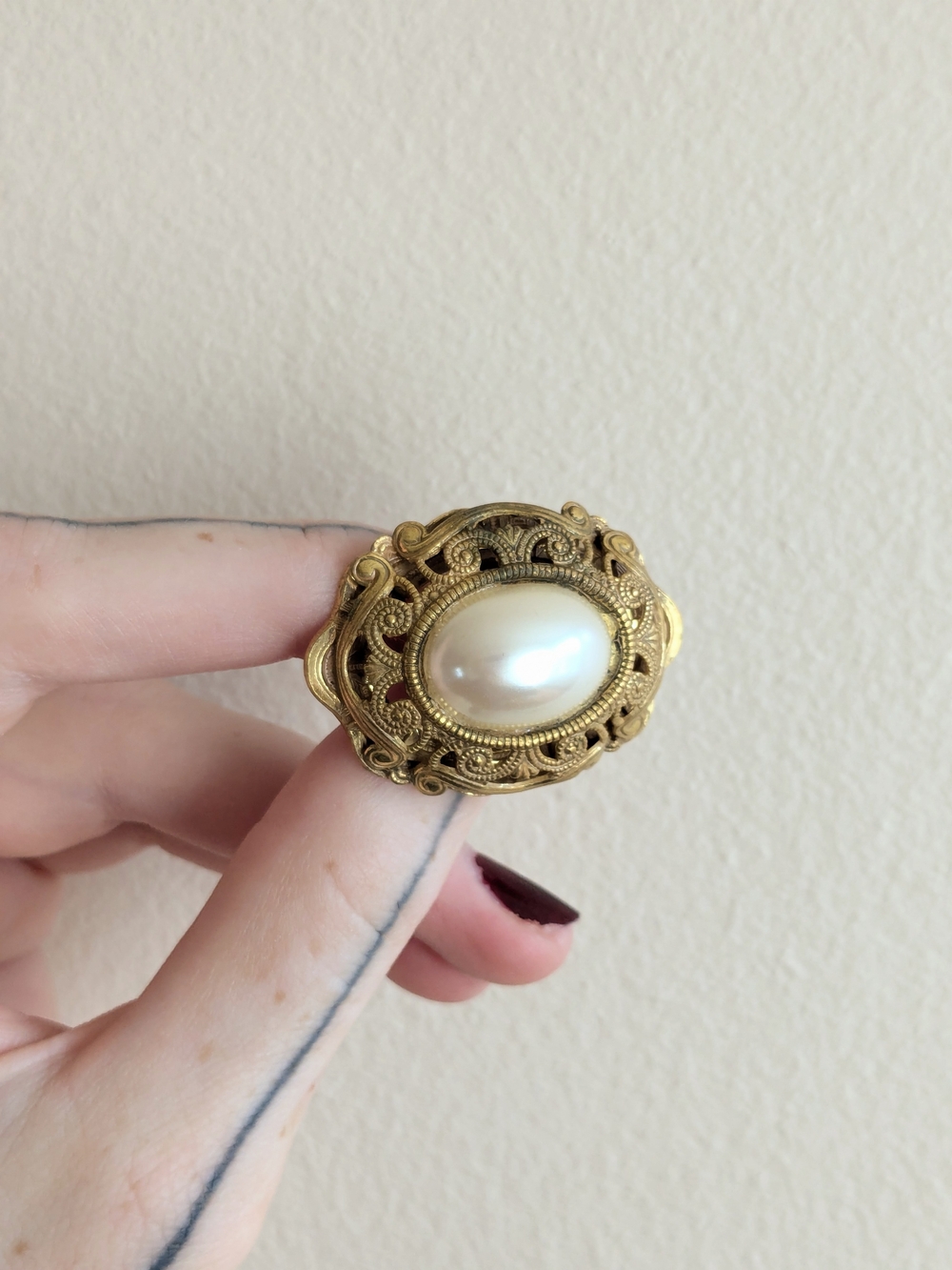 Vintage Miriam Haskell Gold and Faux Pearl Brooch